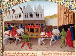 Ms Fr 6465 fol.442 Aankomst van keizer Karel IV (1316-78) bij de Basiliek St. Denis in 1378, uit 
